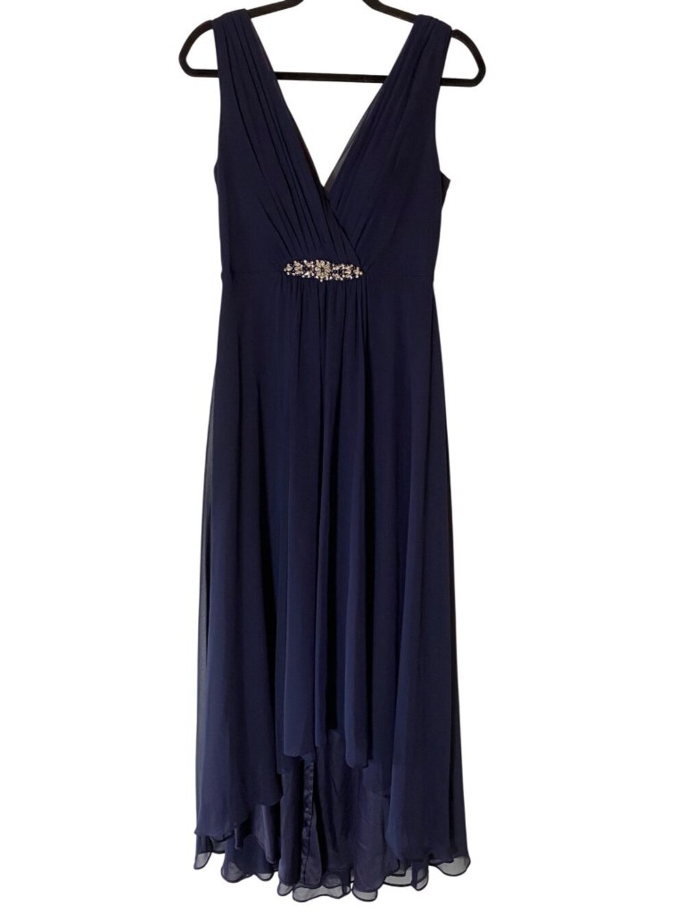 Eliza J Navy Blue Sleeveless Chiffon Evening Gown Beaded Waist Size 4 - Picture 4 of 12
